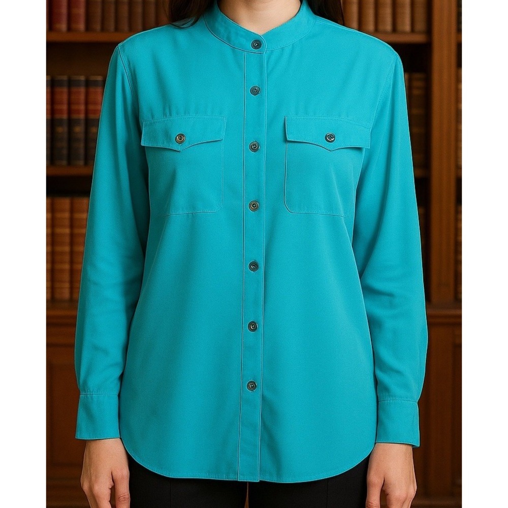 Linea Louis Dell'Olio Chic Blouse Top Size 2X Button Up Silk Blue Career